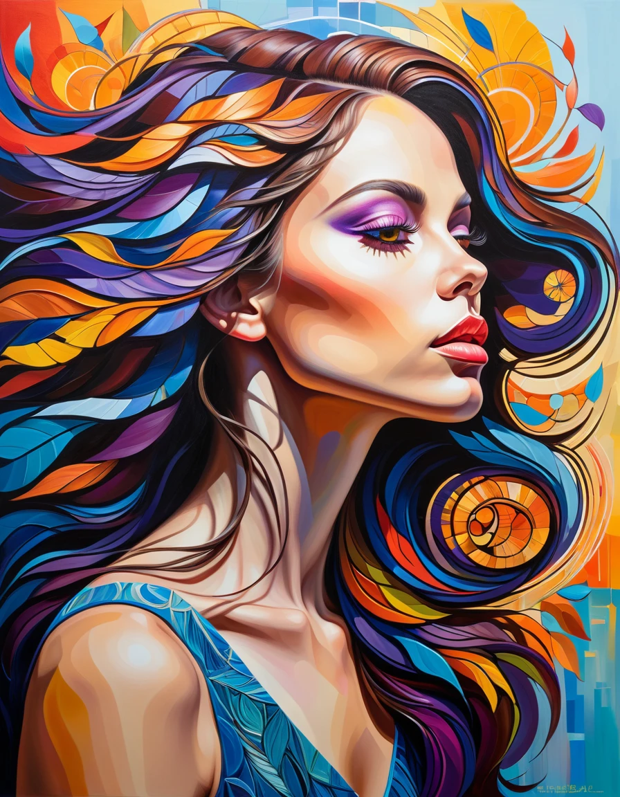 vibrant woman's profile,abstract realism,painting,acrylic on canvas,vibrant colors,highly detailed face profile,feminine features,long flowing hair with intricate patterns,subtle brush strokes,ethereal background,soft lighting,masterpiece:1.2,ultra-detailed,realistic:1.37,bright and bold colors,emotional expression,graceful and serene pose,contemporary art,modern interpretation,striking composition,meticulous attention to detail,matte finish,subtle texture,depth and dimension,rich and vibrant palette,complex layering of colors and textures,expressive eyes with intricate iris patterns,delicate lips with slight shine,smooth and flawless skin,gentle contouring and highlighting,harmonious blend of realism and abstraction,fluid and dynamic lines,gradual transitions between colors,indoor setting with soft diffused light,playful interaction between light and shadow,dynamic and captivating energy,mesmerizing and thought-provoking,unique and original art style