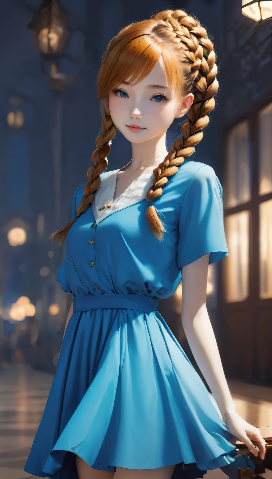 (((horizon blue world:1.3)))、highest quality, Tabletop, High resolution, (((1 girl))), 16 years old,(((French Braid:1.2)))、(((i am horizon blue:1.3)))、horizon blue dress、((horizon blue shirt:1.3、horizon blue color block dress)), Tyndall effect, Realistic, Shadow Studio,Ultramarine Lighting, Dual Tone Lighting, (Skin with attention to detail: 1.2)、薄Dim lighting、Dim lighting、 Digital single-lens reflex camera, photograph, High resolution, 4K, 8k, Background Blur,Beautiful fade out、horizon blue world