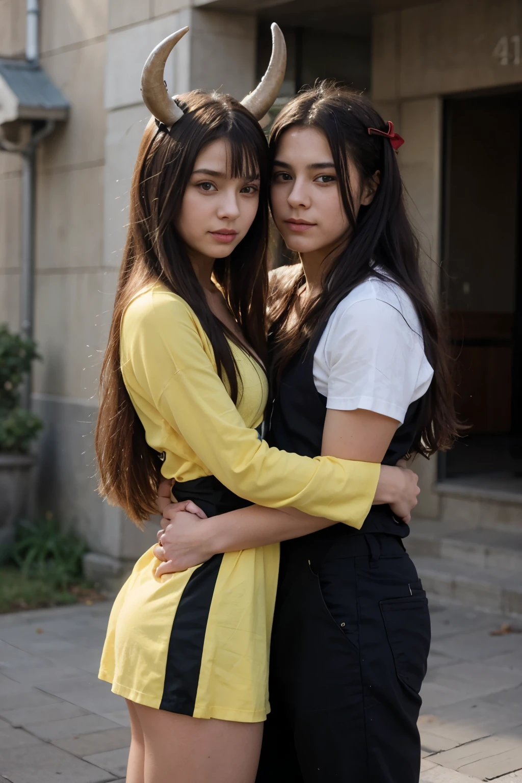 "Create an anime-style image of a boy with horns being hugged by a person with long hair. The person's outfit is half green and yellow checkered and the other half is red."