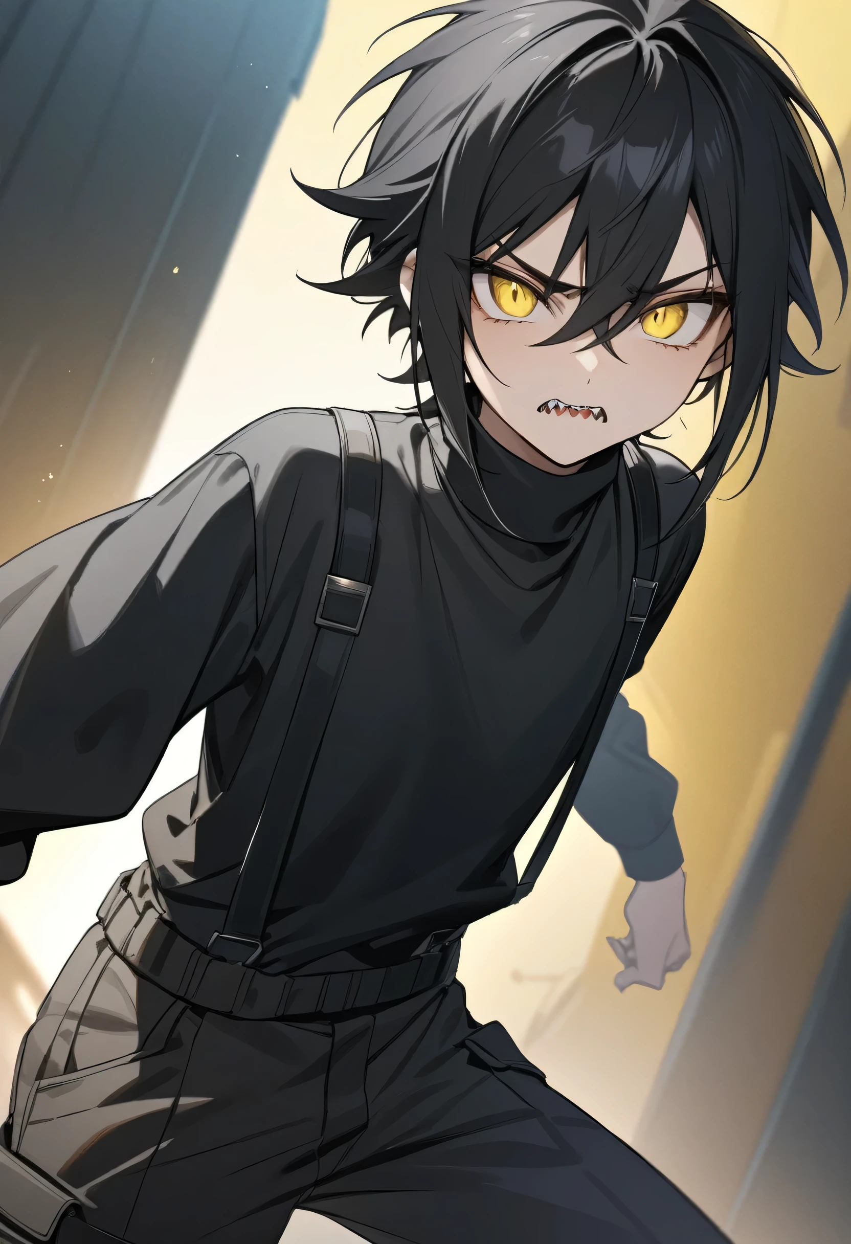 One person, androgynous, teenager, very short black hair. Yellow eyes, serious features showing sharp teeth. Men's clothing, black sweater with yellow spots, black cargo pants, suspenders, (best quality).