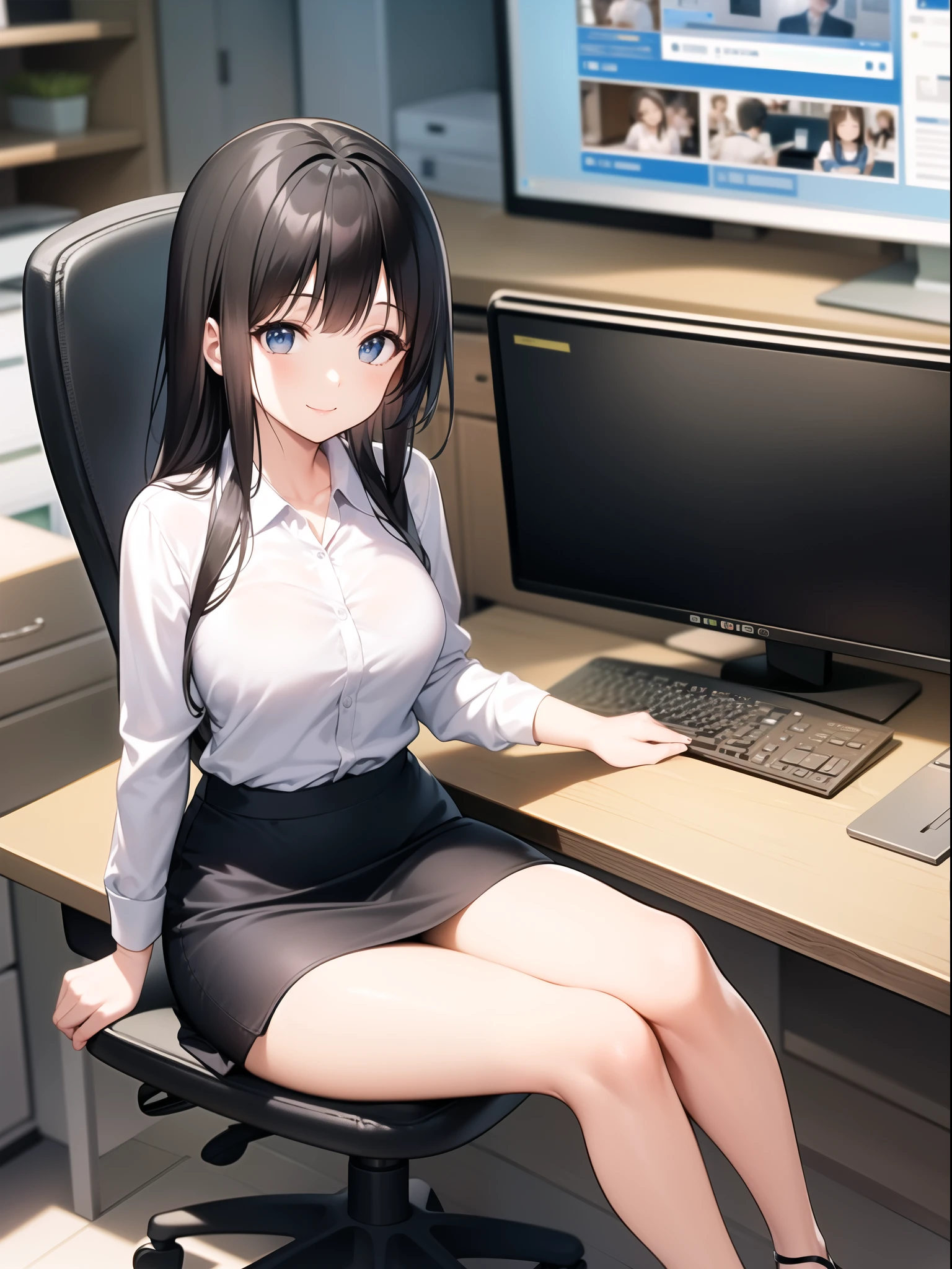 A young woman wearing a white shirt and black skirt is sitting at her desk in an office and smiling。Her hair is straight、It is about shoulder length。In the background there is a desk and chair、The computer is placed、The office has a relaxed atmosphere。The overall impression is professional and friendly.。