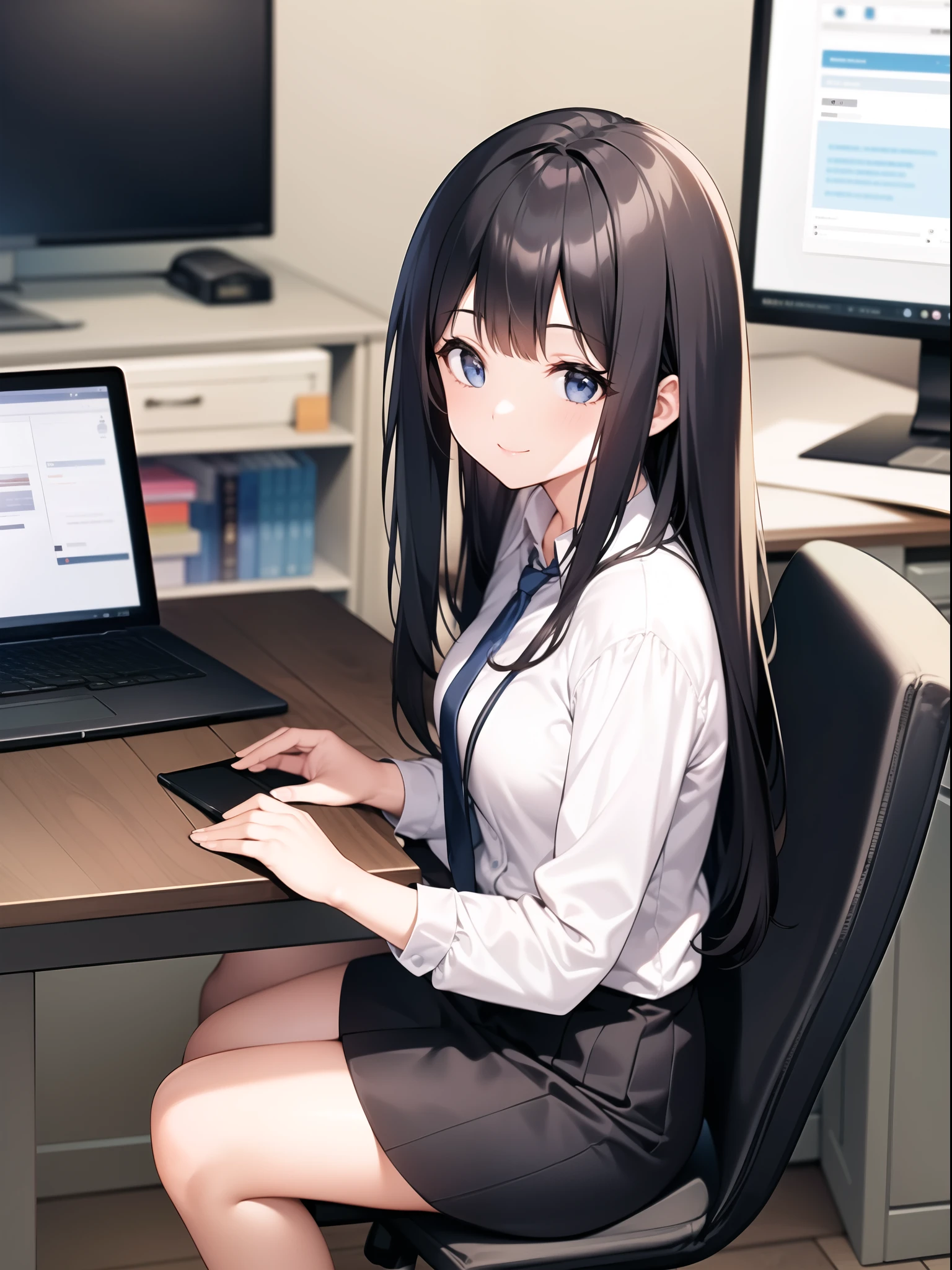 A young woman wearing a white shirt and black skirt is sitting at her desk in an office and smiling。Her hair is straight、It is about shoulder length。In the background there is a desk and chair、The computer is placed、The office has a relaxed atmosphere。The overall impression is professional and friendly.。