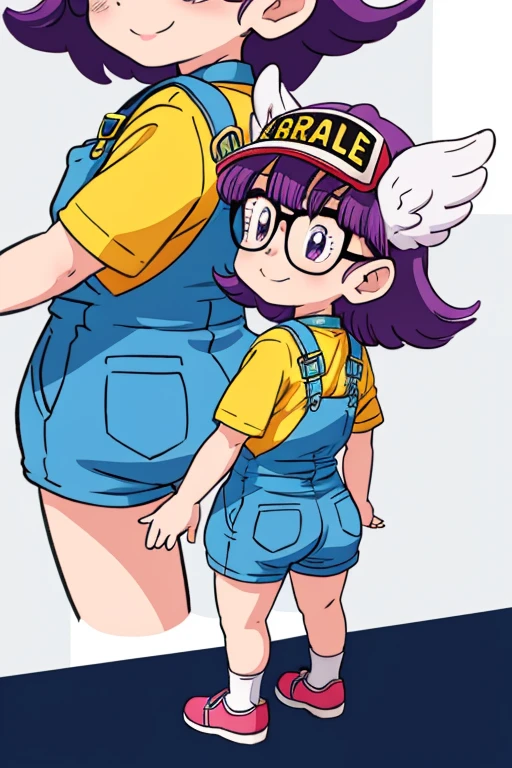 Solo, Norimaki Arale, Purple Hair, Round Lens, Sexy Body, low length，small_body, _girl, little, midgery flat chest，Small Ass，Thin thighs，Full body image, Perfect Face, Big eyes, Perfect Eyes, Have, Tight clothing, Denim overalls，Perfect hands, Better lighting，Wing Hat, Wing Cover, With a smile, back view, spread ass, ass focus, ass zoom in,