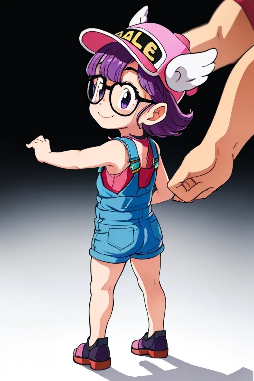 Solo, Norimaki Arale, Purple Hair, Round Lens, Sexy Body, low length，small_body, little_girl, little_child, midget, Very flat chest，Small Ass，Thin thighs，Full body image, Perfect Face, Big eyes, Perfect Eyes, Have, Tight clothing, Denim overalls，Perfect hands, Better lighting，Wing Hat, Wing Cover, With a smile, back view, spread ass, ass focus, ass zoom in,