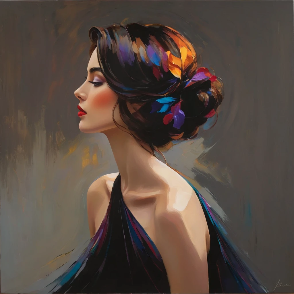 vibrant woman's profile,abstract realism,painting,acrylic on canvas,vibrant colors,highly detailed face profile,feminine features,long flowing hair with intricate patterns,subtle brush strokes,ethereal background,soft lighting,masterpiece:1.2,ultra-detailed,realistic:1.37,bright and bold colors,emotional expression,graceful and serene pose,contemporary art,modern interpretation,striking composition,meticulous attention to detail,matte finish,subtle texture,depth and dimension,rich and vibrant palette,complex layering of colors and textures,expressive eyes with intricate iris patterns,delicate lips with slight shine,smooth and flawless skin,gentle contouring and highlighting,harmonious blend of realism and abstraction,fluid and dynamic lines,gradual transitions between colors,indoor setting with soft diffused light,playful interaction between light and shadow,dynamic and captivating energy,mesmerizing and thought-provoking,unique and original art style