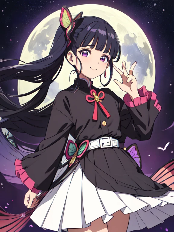 kanao tsuyuri, pelo negro, mariposa, mariposa hair ornament, (ojos morados:1.1), side cola de caballo, cola de caballo, 
traje de marinero, purple traje de marinero, guantes de codo, Marinero de la luna,
(mejor calidad, obra maestra, foto cruda,ultra detallado:1.2), 1 chica,solo,mirando al espectador,sonrisa