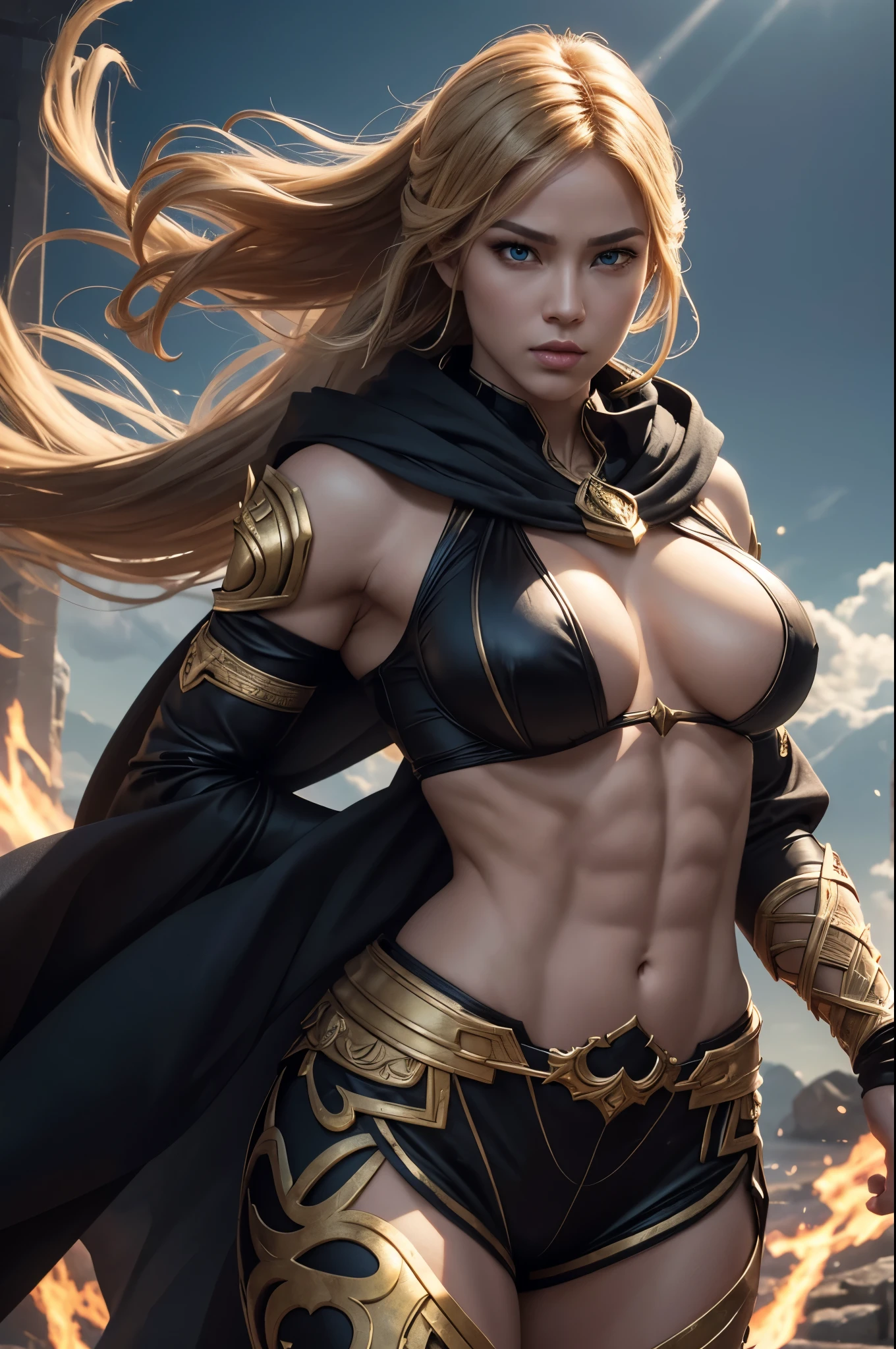 8K,Muscular々Goddess of Destruction,Super Beauty(Like the real thing),bulging muscles,Golden Eyes,Golden shorthair,Gorgeous goddess outfit,Gorgeous Goddess Shorts,Stern expression,Outside the Celestial Palace,Perfect Anatomy,charm,Volume measurement,Body balance,Digital single-lens reflex camera, Soft lighting, Detailed Background, Written boundary depth, Volumetric lighting, Sharp focus, Absurd, Realistic proportions, Excellent anatomy, (Realistic, 超Realistic:1.4), 16K HDR, dawn,A High Resolution,super Realistic 肌,Super beautiful expression,Fantasy art,Character Art,Wind effects:1.9、Cloud Effect:1.2、Full Rendering、Professional quality high resolution、Perfect contrast、Perfect lighting、Perfect composition、Perfect Skin、Perfect Fingers、Perfect breasts、Perfect Hair、Perfect Face、Realistic facial features,super highest quality,Slim figure,Perfect body line,Perfect hand shape,Anatomical body balance,Highly detailed face,Highly detailed eyes,Beautiful Lips,Excellent light particles,Cinema Lighting,Makeup,Ultra-high resolution,Ultra-Realistic Skin,God of Destruction Gauntlet,God of Destruction Leggings,Muscle Body,Hard and strong abs,Golden shorthair,Battle Mode,Ready to fight,Hard Fist,anger,rage,Cloak of the Goddess of Destruction,Overflowing with power,In combat,Heavy Muscle,Circlet of the God of Destruction on his forehead,