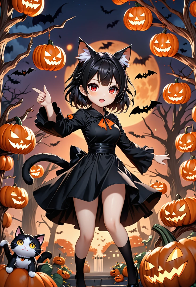 (Halloween:1.4), Pumpkin, (Ancient City), 1 girl, cute, gothic ta, (Cat ear), Black medium hair, Bangs, yellow eyes, (smile:1.3), (Open your mouth:1.3), (Lift up the skirt), Outdoor, (night), from the front, Cowboy Shot, ((Highest quality)), ((masterpiece)), (Detailed), Perfect Face, Perfect Arms, (Perfect hands), (Perfect Fingers), anime, Ultra-fine illustration,