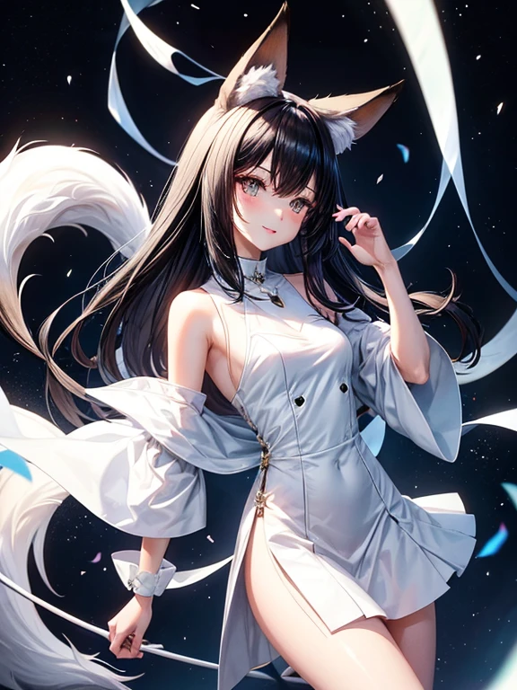 Fox ears Fox Tail Black Hair Idol White dress woman