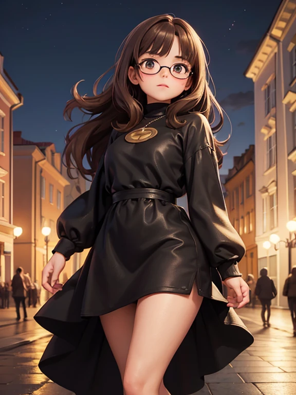 illustration, masterpiece, Location: night St. Petersburg; 1 Girl, One, short lady, Beautiful round face, Brown hair, dirty hair, medium length shaggy slightly wavy hair, Dark brown eyes, beautiful eyes, glasses with lenses, Aesthetically pleasing , beautiful healthy full body(moderately thick), fluttering black hero&#39;s cloak on a naked body, absolutely no underwear(definitely no panties), wide soldier&#39;s belt with relief, chunky high lace-up hiking boots, ironic half-smile, sparkling look, walk through the city at night, ignoring the looks of passers-by, whole body including legs, walking pose, carefree exhibitionism in the dark, (showing naked lower body), Looking ahead, simple, Vector, sketch, many small environmental details, Intricate details, high quality textures, high detail, realistic textures 