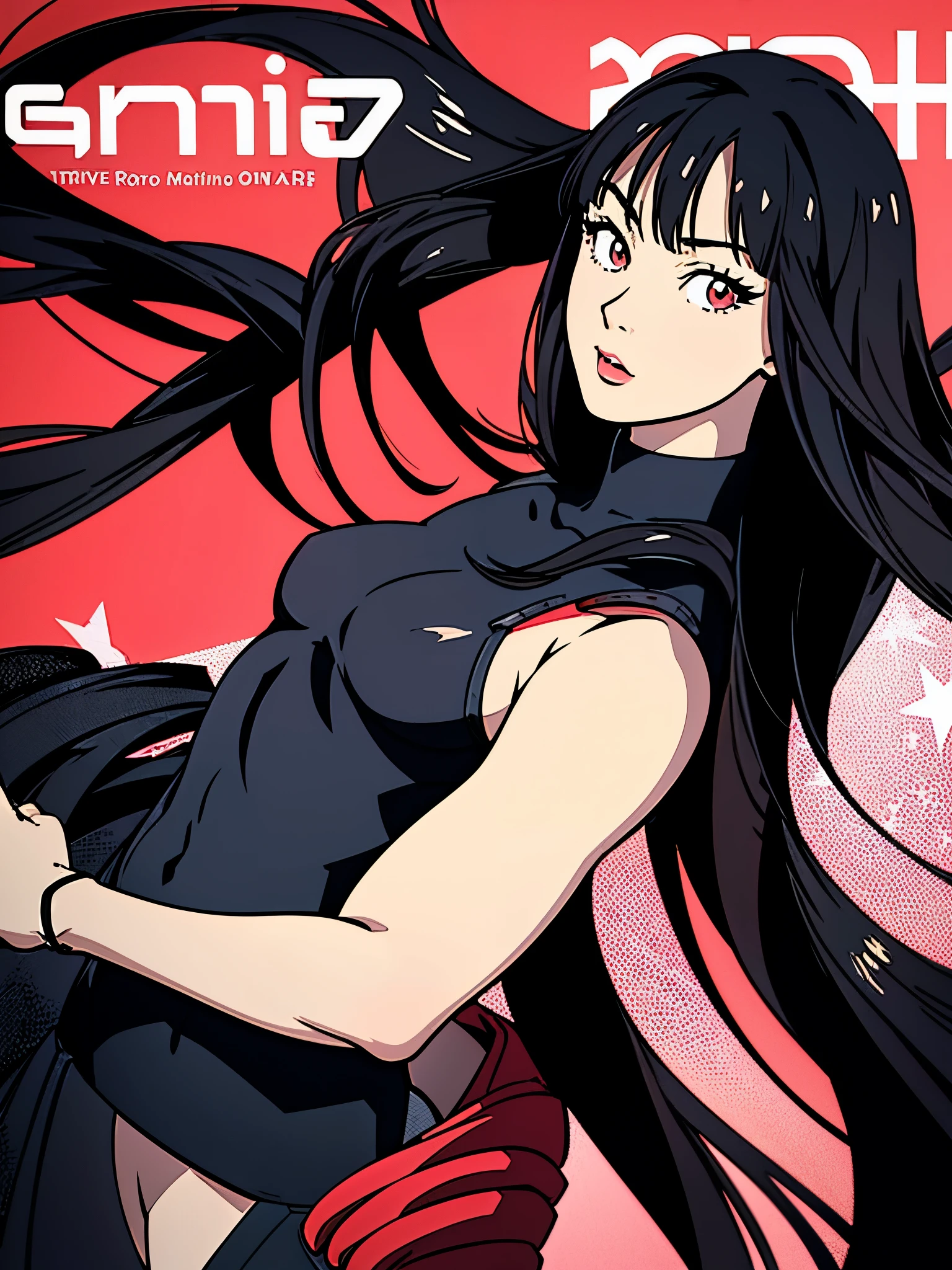 digital art drawing, illustration of (anime girl, long black hair with bangs, brown eyes, flat chest, confident look, black and red latex suit, tactical wear), anime drawing/art, bold linework, illustration, digital art, masterpiece, flat illustration, no shadows, 8k resolution, high detail, vector art, only anime, perfect eyes, perfect hands, perfect fingers, sharpness, high clarity, medium close up, high fidelity
