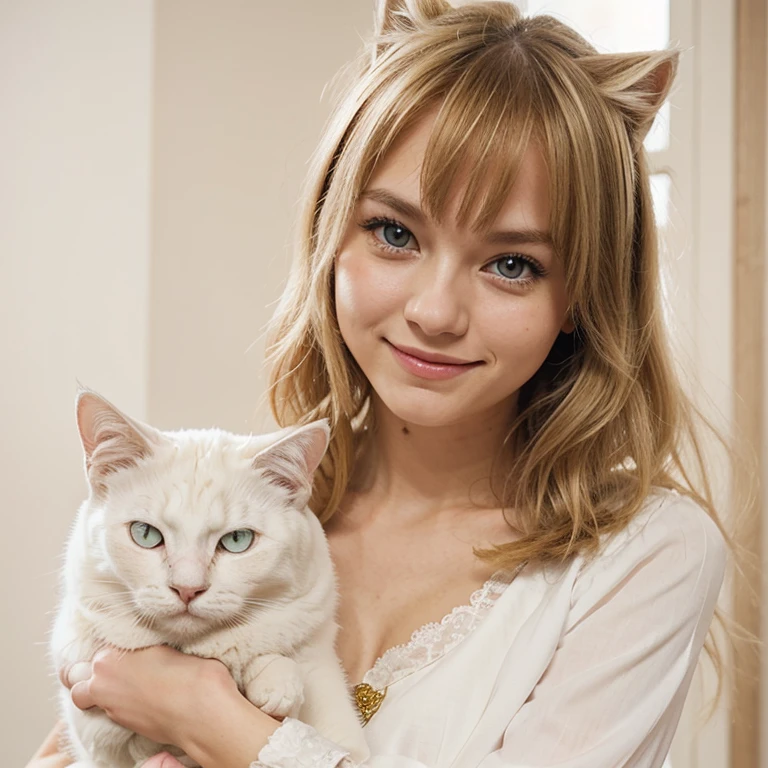 Eine Blondine, Pinke Augen, sweet smile, Kawaii Kleidung, holding a white cat in her arms
