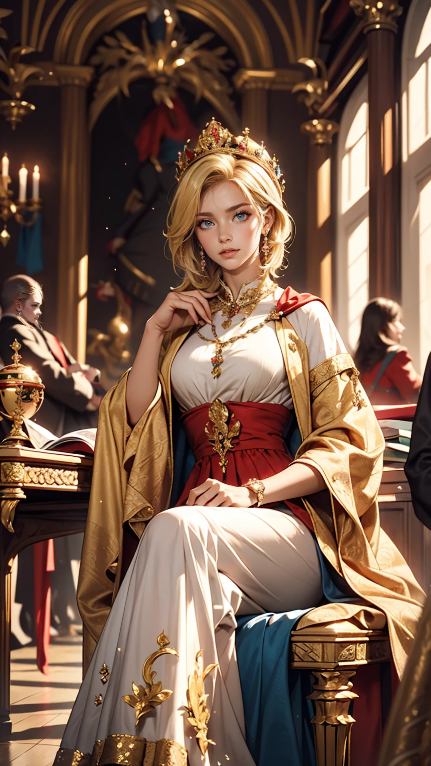World Cup style, Beautiful woman, blonde, Sitting, Royal Outfits, Royal Chambers, medieval setting