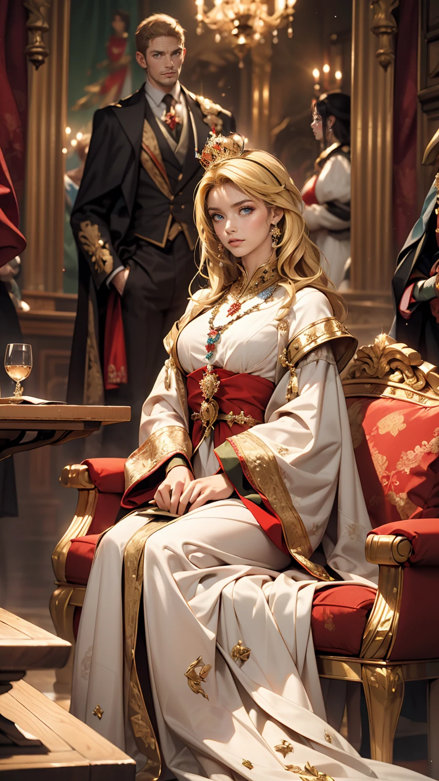 World Cup style, Beautiful woman, blonde, Sitting, Royal Outfits, Royal Chambers, medieval setting