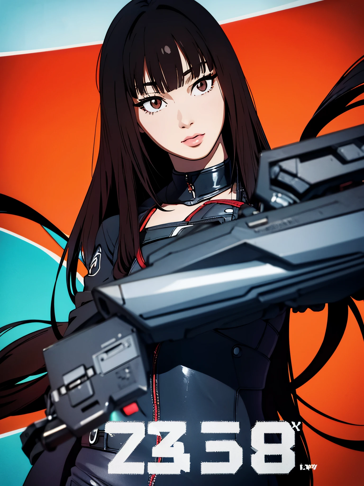 digital art drawing, illustration of (anime girl, long black hair with bangs, brown eyes, flat chest, confident look, black and red latex suit, tactical vest), anime drawing/art, bold linework, illustration, digital art, masterpiece, flat illustration, no shadows, 8k resolution, high detail, vector art, only anime, perfect eyes, perfect hands, perfect fingers, sharpness, high clarity, medium close up, high fidelity
