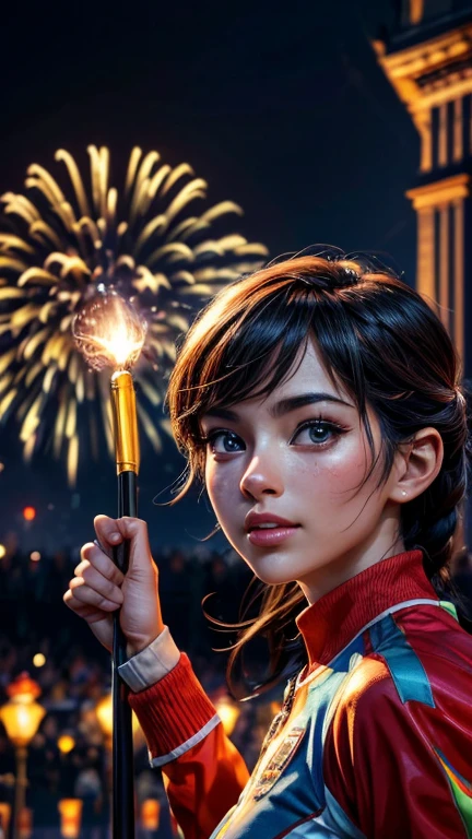 (best quality,4k,8k,highres,masterpiece:1.2),ultra-detailed,(realistic,photorealistic,photo-realistic:1.37),Paris Olympics,torch relay,illustration,rich colors,vibrant atmosphere,energetic crowd,beautiful detailed eyes,beautiful detailed lips,French flag,torchbearer running on the Champs-Élysées,celebratory fireworks in the night sky,dynamic composition,sharp focus,professional,uplifting emotions,portrait style,illuminated landmarks,cheering spectators,grand stadium,ethereal lighting,festive atmosphere,fast-paced action,memorable moments,can't-miss event,spectacular performance,triumphant spirit,nation's pride,unforgettable memories,inspiring athleticism,candid moments,stunning visuals,explosive energy,transcendent experience,uniting nations,spirit of competition,extraordinary achievement,legacy of excellence