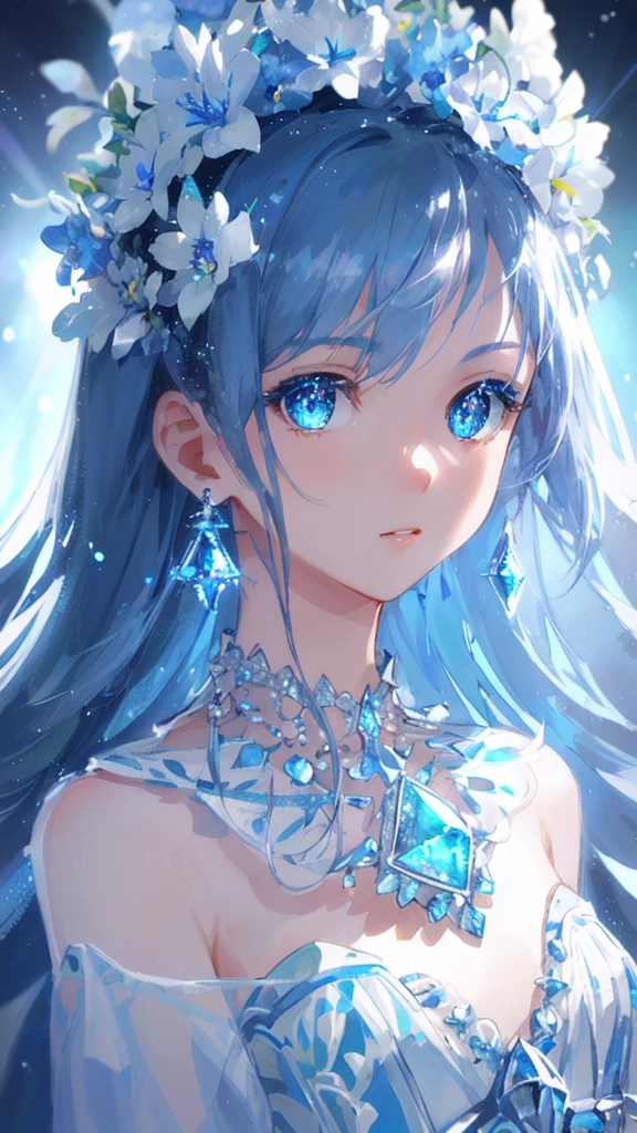 masterpiece, best quality, illustration, sax blue, platinum earrings, platinum necklace, white dress, 1girl, cute, (dynamic lighting:1.2), cinematic lighting, delicate facial features, detailed eyes, sharp pupils, realistic pupils, depth of field, bokeh, sharp focus, (hyper-detailed, bloom, glow:1.4), many small gems