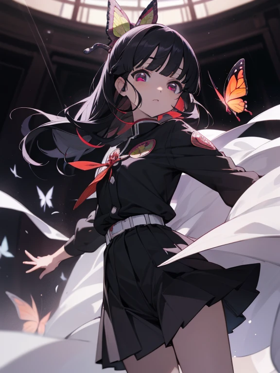 kanaotsuyuri, kanao tsuyuri, pelo negro, mariposa, mariposa hair ornament, (ojos morados:1.1), side cola de caballo, cola de caballo,
ROMPER black falda, capa, uniforme de cazador de demonios, mangas largas, pleated falda, falda, white capa,
ROMPER looking at viewer,
ROMPER indoors, aula,
ROMPER (obra maestra:1.2), mejor calidad, high resolution, fondo de pantalla de unidad 8k, (ILLUSTRATION:0.8), (Hermosos ojos detallados:1.6), cara extremadamente detallada, perfect lighting, CG extremadamente detallado, (manos perfectas, perfect anatomy),