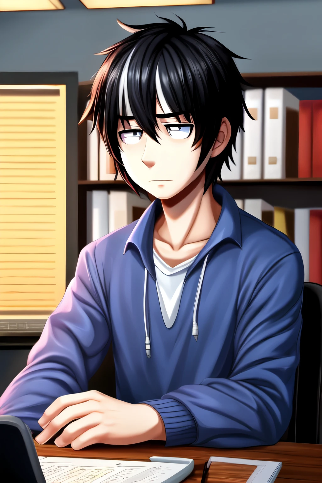 a waifu anime boy with black hair with some white highlights WHITE LIGHTS AS IF IT WERE LIGHTS because he dyed his hair he is studying programming he has a serious face and a little tired his eyes are focused on the books and in the background there is a table with a chess and in front of it is a computer