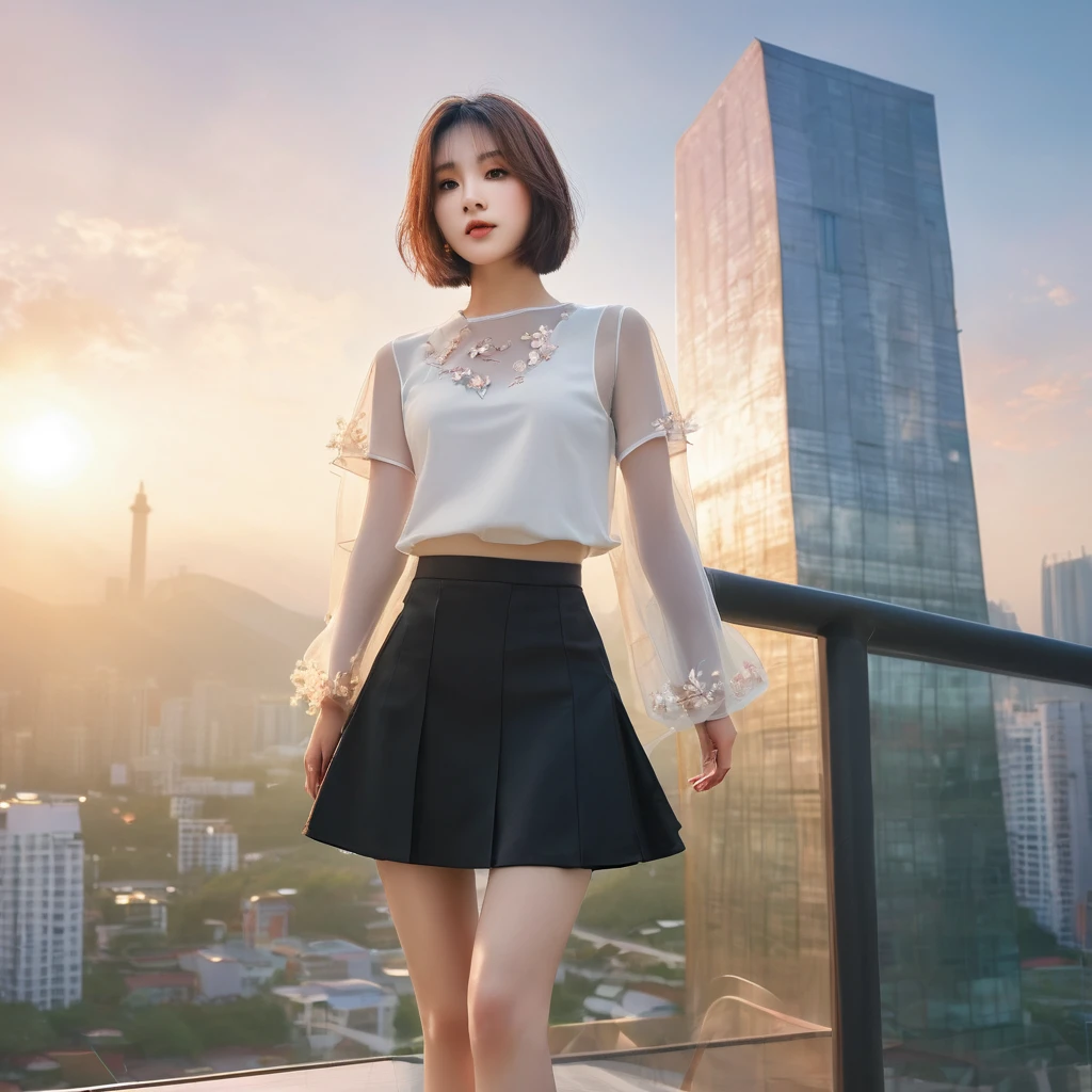 ((Masterpiece, best quality, photorealistic)), (bob cut, straight), (Kpop look, miniskirt, tulle, top, boots), terrace, glass building, sakura flowers, cinematic lighting.