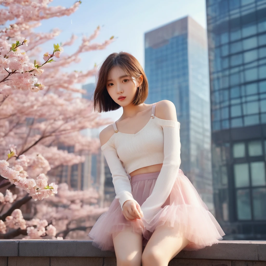 ((Masterpiece, best quality, photorealistic)), (bob cut, straight), (Kpop look, miniskirt, tulle, top, boots), terrace, glass building, sakura flowers, cinematic lighting.