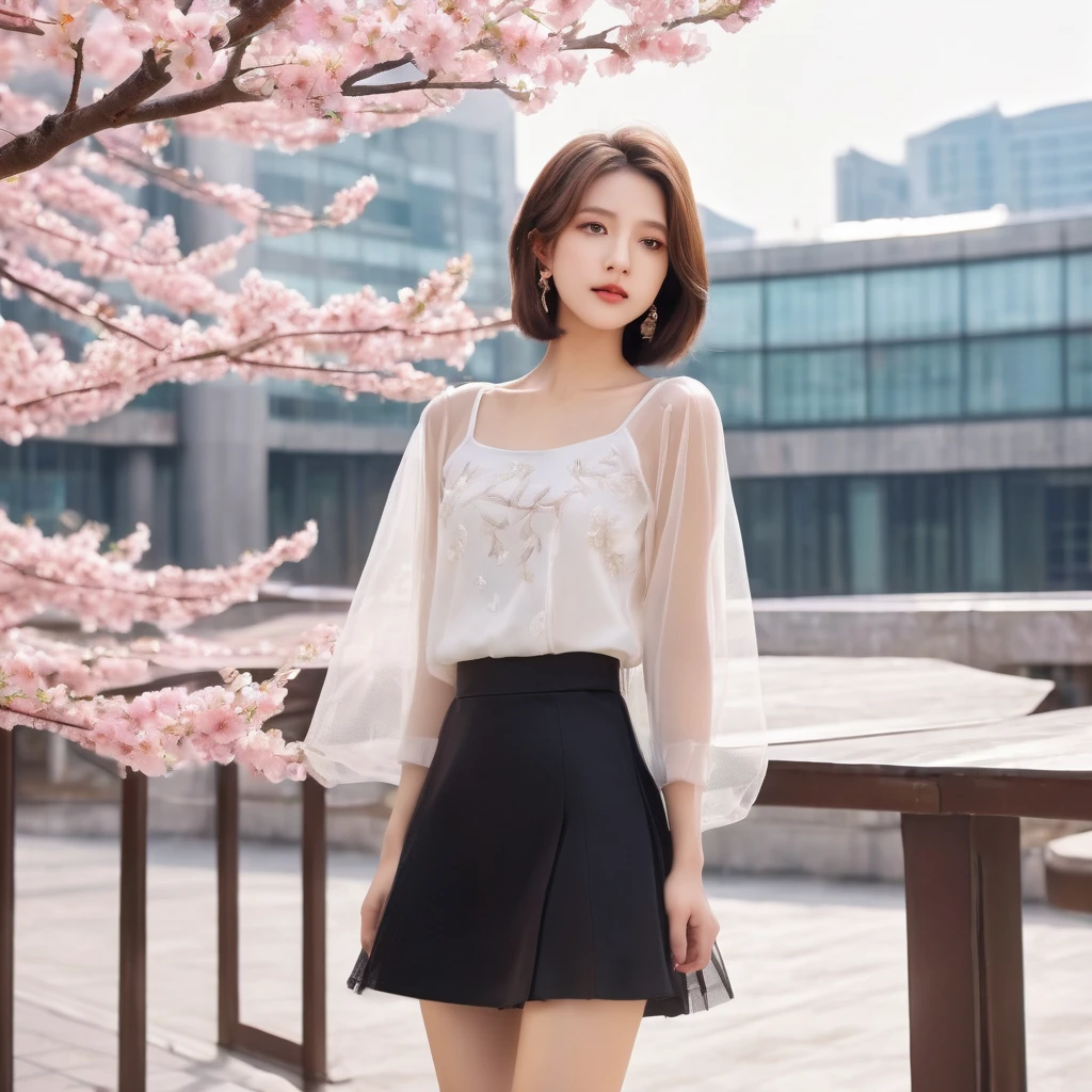 ((Masterpiece, best quality, photorealistic)), (bob cut, straight), (Kpop look, miniskirt, tulle, top, boots), terrace, glass building, sakura flowers, cinematic lighting.