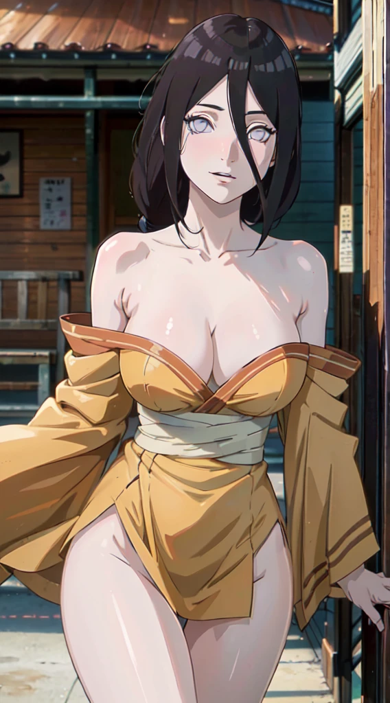 ((((masterpiece, best quality, high resolution)))), 1girl, average breasts, blush, light smile, parted lips, glow, thighs, bare shoulders, collarbone, narrow waist, cleavage, (masterpiece), (beautiful detailed face, beautiful detailed eyes), hanabi\(boruto\)