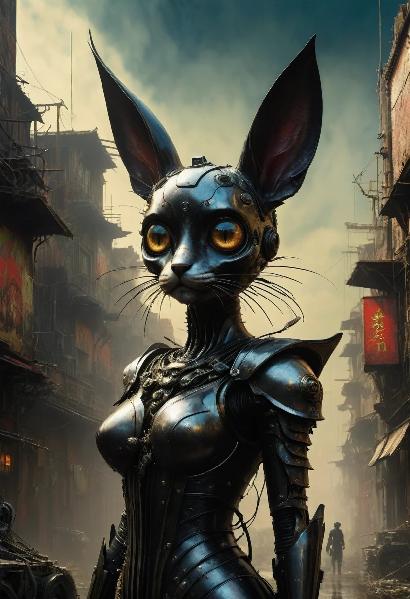 (Full-length, wide angle, centered, without cropping - ar 9:16 - ar 1:2. Full-length view). ((old combat-bio android, big beautiful eyes)), Best quality, relief, dark gothic, conceptual art, Psychedelic, post-apocalyptic, ominous, oil painting, thin flowing lines. (Full-length, wide angle, centered, without trimmings) - ar 9:16 - ar 1:2. Long strokes, light delicate shadows, + cinematic quality 36.5 mm f0, + style of Peter Elson, Ryohei Hase, Pino Daeni, Albert Joseph Peno, quality, masterpiece, (Full length, wide angle, centered, no cropping) - ar 9:16 - ar 1:2
