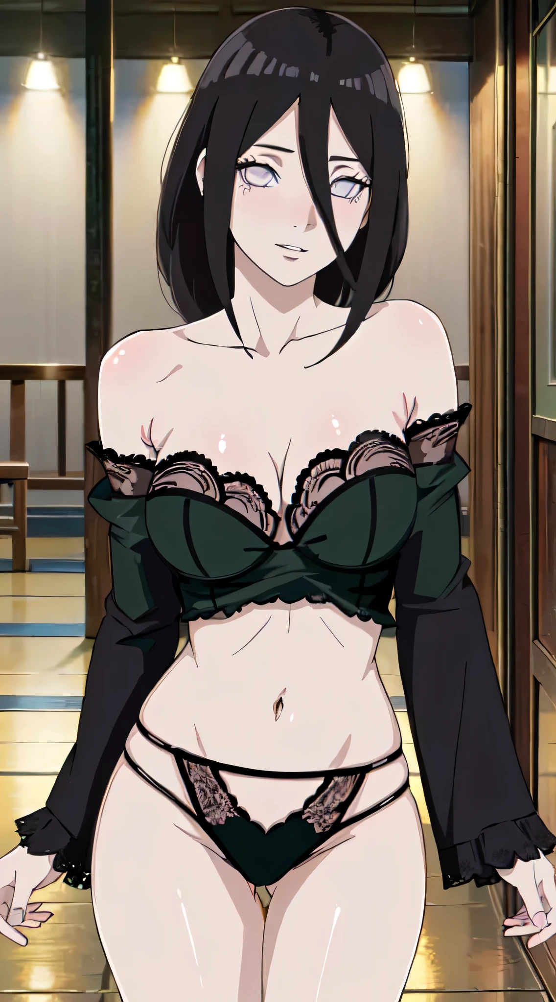 ((((masterpiece, best quality, high resolution)))), 1girl, average breasts, blush, light smile, parted lips, glow, thighs, bare shoulders, collarbone, narrow waist, cleavage, (masterpiece), (beautiful detailed face, beautiful detailed eyes), hanabi\(boruto\)