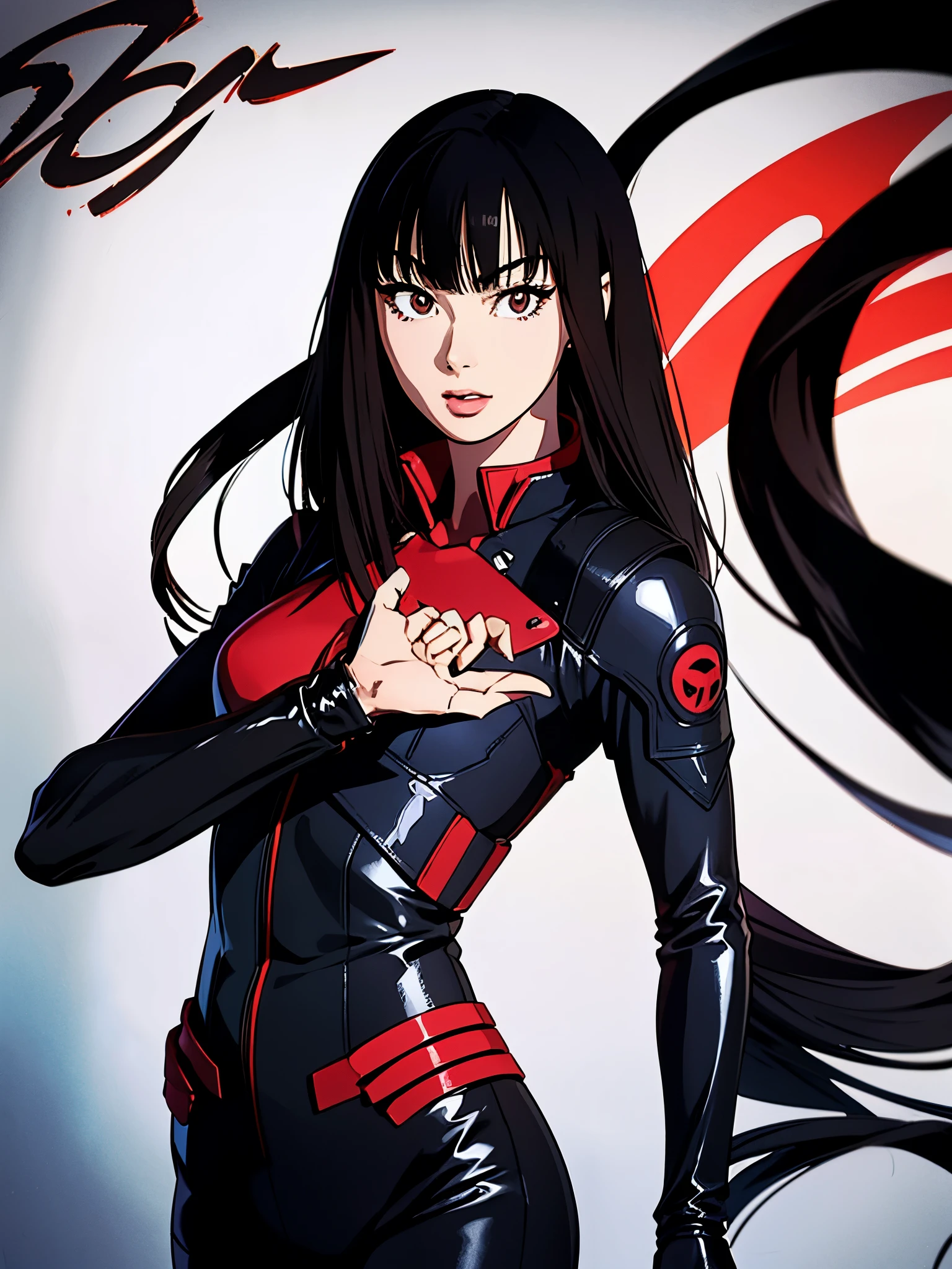 digital art drawing, illustration of (anime girl, long black hair with bangs, brown eyes, flat chest, confident look, black and red latex suit, tactical vest), anime drawing/art, bold linework, illustration, digital art, masterpiece, flat illustration, no shadows, 8k resolution, high detail, vector art, only anime, perfect eyes, perfect hands, perfect fingers, sharpness, high clarity, medium close up, high fidelity
