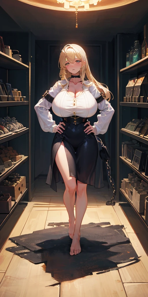 full body, barefoot, solo, female, big breast ,linen tunic, fantasy village, armor, handcuffs on their hands with a collar around the neck, hands on hips, slave ((black choker, shackles on legs and arms))