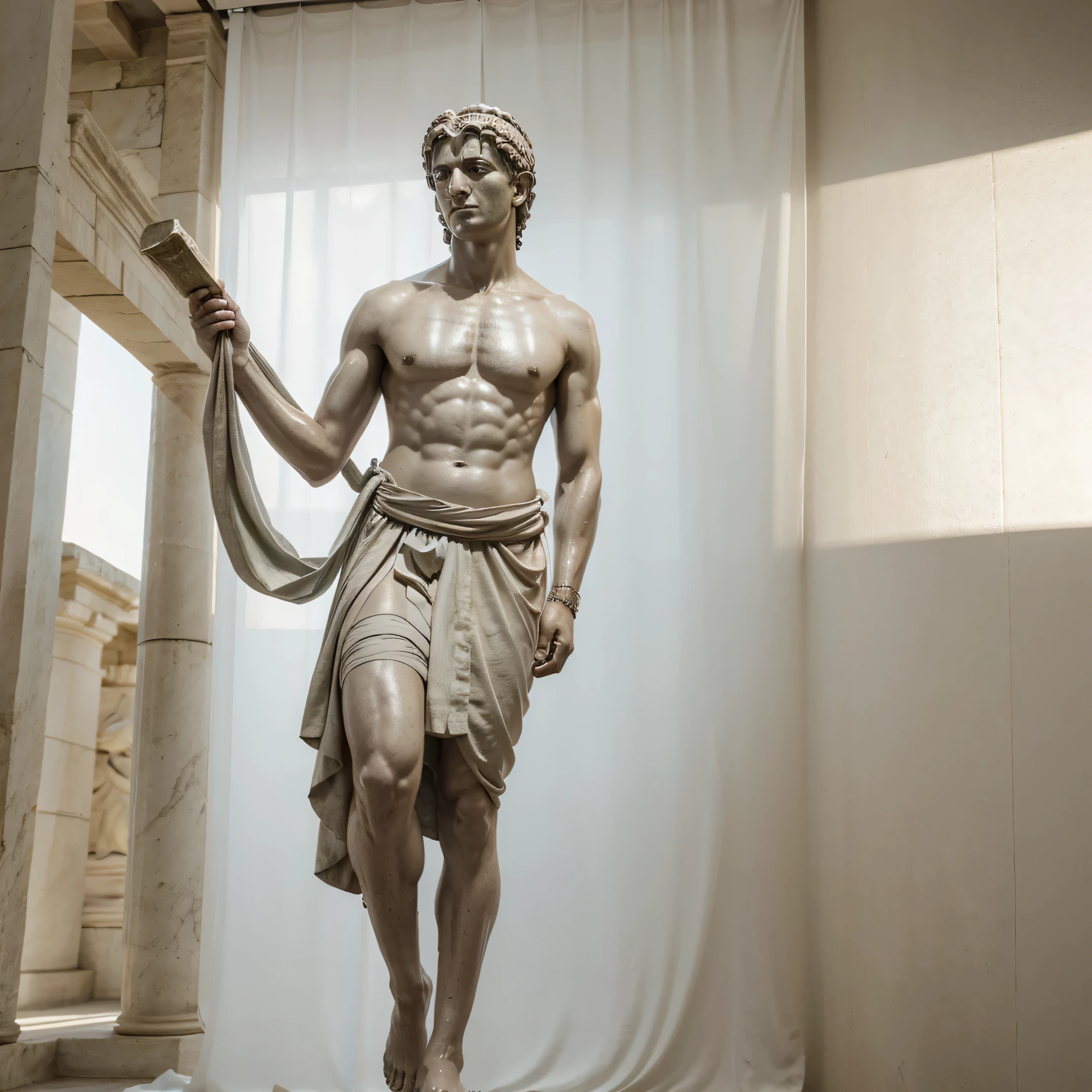 arafed slim male in a long dress with a towel on his shoulder, a statue inspired by Theophanes the Greek, featured on zbrush central, renaissance, roman toga, wearing toga, wearing a toga, wearing loincloth, greek god, dressed in roman clothes, elegant ancient greek dress, loincloth, only a slim infinite white background