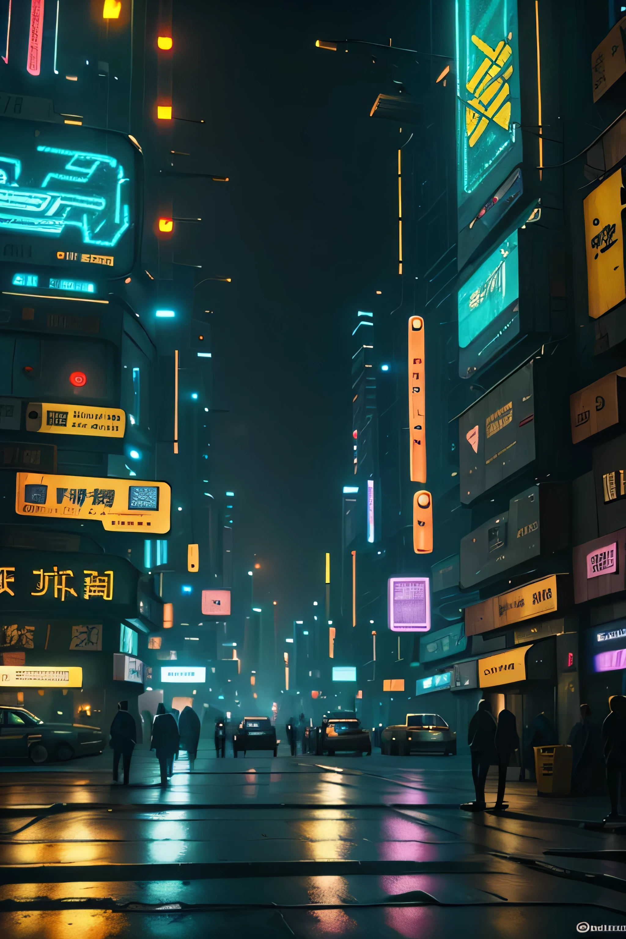 Ciudad estilo ciberpunk 2077, de noche, neon lights, luces de cine, asian signs, 4k 9:16 a 250. front angle