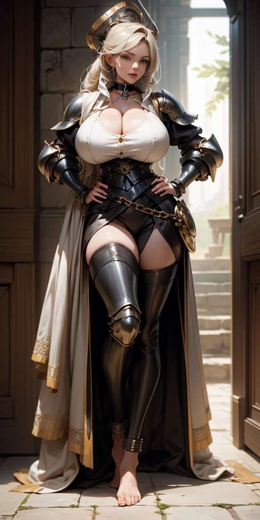 full body, barefoot, solo, female, big breast ,linen tunic, fantasy village, armor, handcuffs on their hands with a collar around the neck, hands on hips, slave ((black choker, shackles on legs and arms))