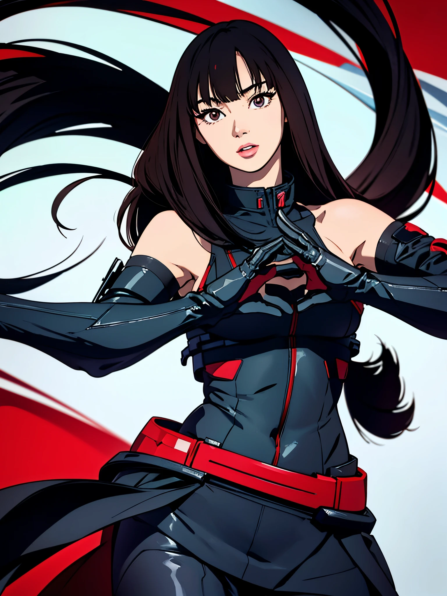 digital art drawing, illustration of (anime girl, long black hair with bangs, brown eyes, flat chest, confident look, black and red latex suit, tactical vest), anime drawing/art, bold linework, illustration, digital art, masterpiece, flat illustration, no shadows, 8k resolution, high detail, vector art, only anime, perfect eyes, perfect hands, perfect fingers, sharpness, high clarity, medium close up, high fidelity
