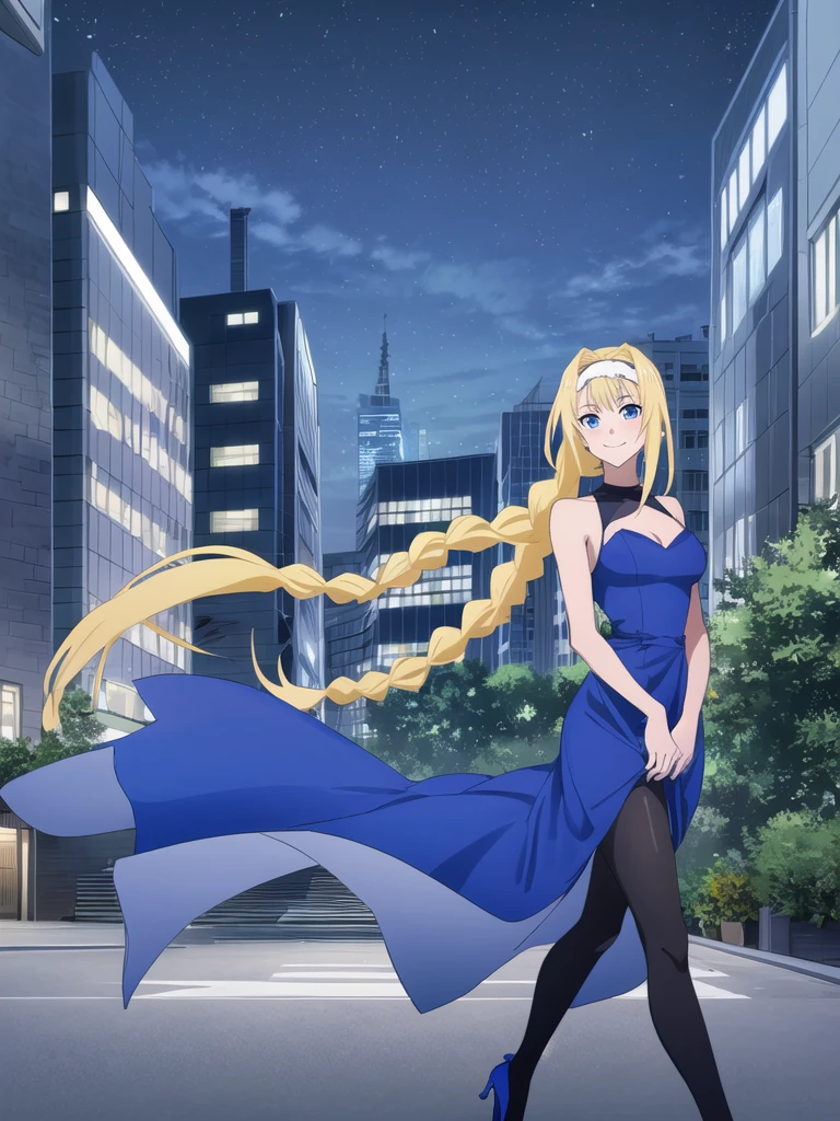 (masterpiece), ((high quality)), 1girl, (alice zuberg), ((sapphire blue eyes)),long blonde hair, thick hair braid behind the head, purple hairband, slight blush smile, (elegant purple evening dress), holding a wallet, (wearing in stilettos), solo, strolling serenely through an urban park at dusk, while modern buildings loom in the background, ufotable screen cap