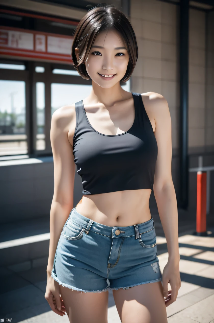 The beauty of 8K raw photos:2.0, Japanese woman, short hair, beautiful face and dark eyes, looking down, looking at the viewer:1.5, big smile, wet hair, tiny top, put hands on the hip, (tank top, blue shorts:1.2), shinny skin, realistic:1.9, very detailed, full body shot:1.2, High resolution RAW color photos, professional photos, Taken at the station, girl sexy portrait
