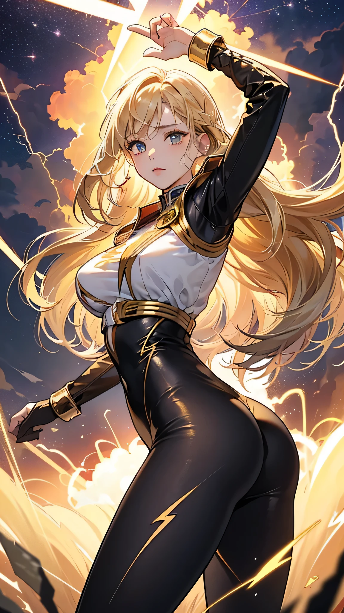 最high quality、Best image quality、masterpiece、With a girl((18-year-old、Best Bust、Large bast、D-cup breasts with firmness、Beautiful golden eyes、Tied to the cross、Spread your chest wide,Blonde long hair、Slender、Big Valley、Gold Bodysuit,Show the whole body、Open your arms、Gold ring on wrist、Shoots lightning from hands、Backward view、turn around、Tight ass、Expressions of pain、Torn suit:1.5、high quality、Beautiful art、background((Night Sky、Black Cloud、lightning、Intense thunder、Lightning strikes、Red Thunder、Blue lightning、Gold Thunder))Tabletop、Visual Arts、Depth of written boundary、Night Sky