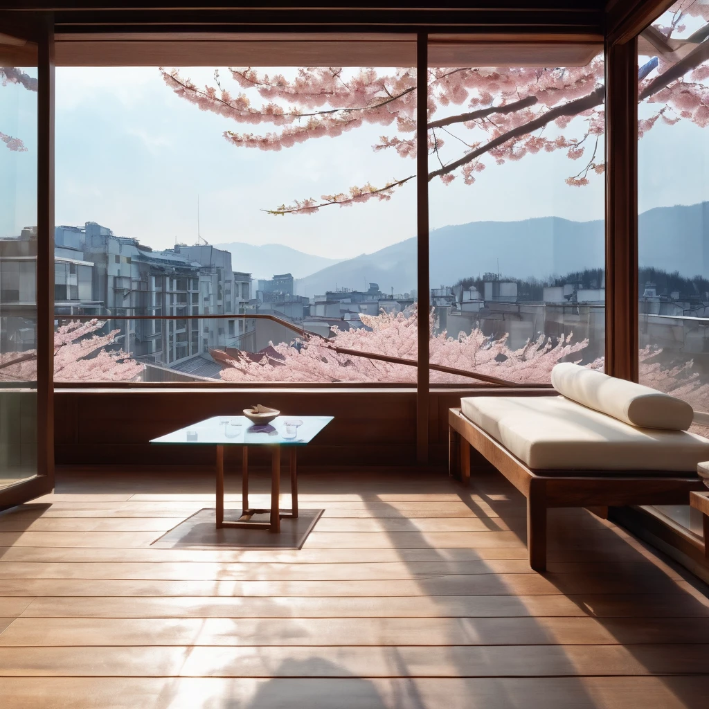 Bob cut, terrace, glass building, sakura flowers, cinematographic lighting.