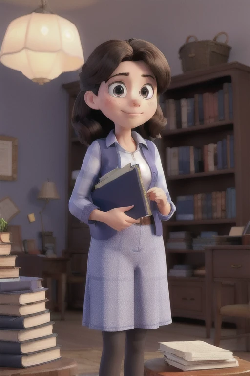 One in a royal blue shirt with books in her hands