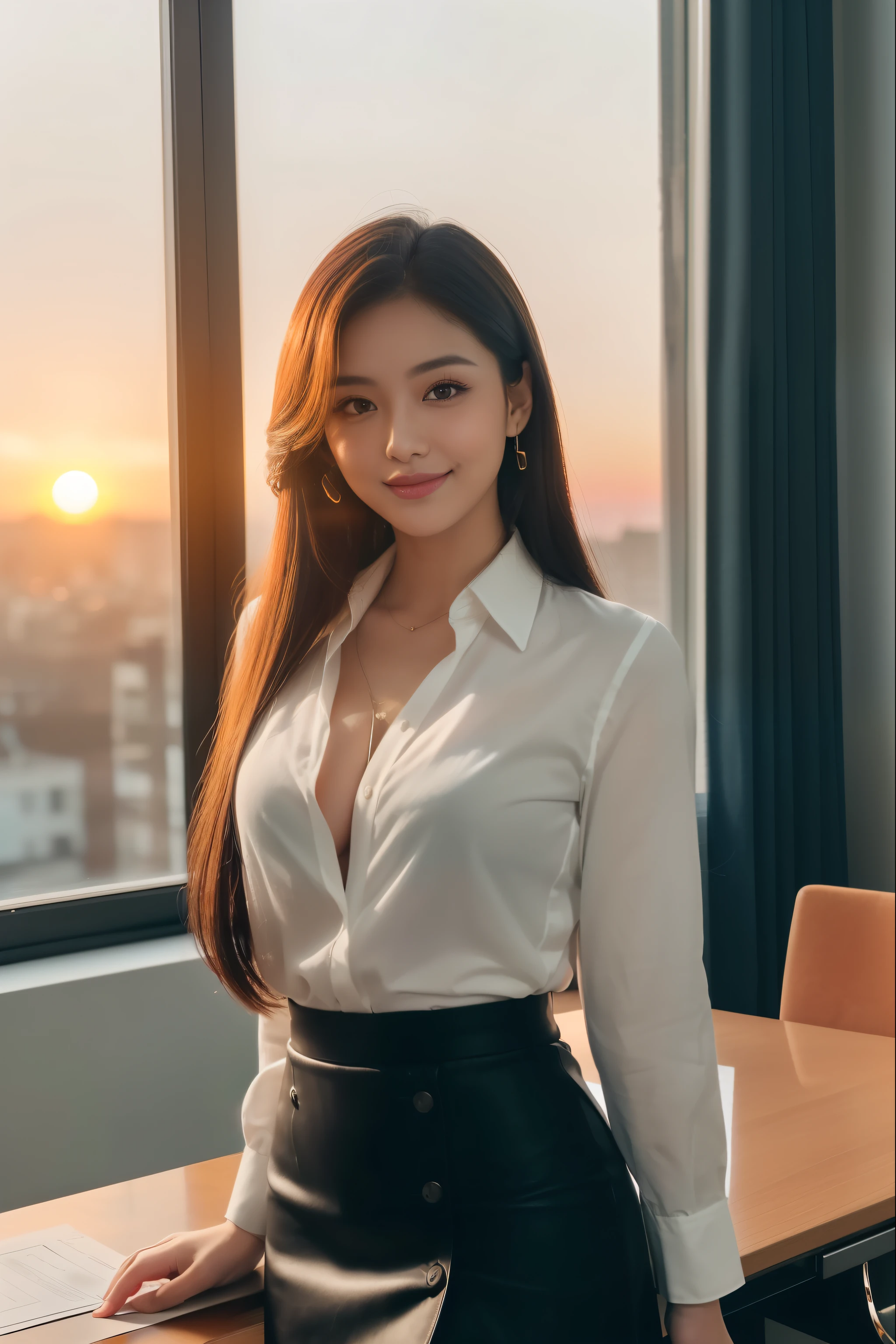 ((1 Frau,Beauty Secretary: 1,25 Jahre alt,Casual office wear,office casual wear,Blusen und Sakko、Minirock,Be in the President’s office,Standing at the window in the President’s office,Gesicht ist nah,Beautiful sunset on background,Schau in die Kamera,Photographed from the waist up)),((perfektes Make-up,Japan's most beautiful face,lange Wimpern,erwachsenes Gesicht,Adult beauties,smile a little,sexy smile,Glanz,Beautiful lips,perfectly shiny lips,Mit einem Gesicht voller Sexappeal,Glanz,Gesicht ist nah,Beim Betrachten dieses,Big box,emphasize the fullness of the breast,enger Rock,Short Enger Rock,The President's desk and plush armchair)),((The best lighting for epic films,Superfein,Beautiful hair,Detailed information about the Office of the President,Romantischer Sonnenuntergang,Beautiful sunset,brillanter Sonnenuntergang,Das Licht der untergehenden Sonne erhellt den Raum,You can watch the sunset from the President's office,Superfein,Beautiful hair,transparente Bilder,Detaillierter Hintergrund des High School-Klassenzimmers,Japan's most beautiful face,Schau hier,Perfekte Finger,perfektes Gesicht,detaillierter Hintergrund,helle Haut,Clear white skin,Perfekte Finger,detaillierter Hintergrund,highest quality,ultra high resolution,Perfekte Anatomie,High-resolution RAW color photo,professionelle Fotos, Sehr empfindlich, sehr detailiert,fein, huge file size,best image quality,8K,Award-winning work,Tischplatte,Professionelle Fotografie,High color saturation))