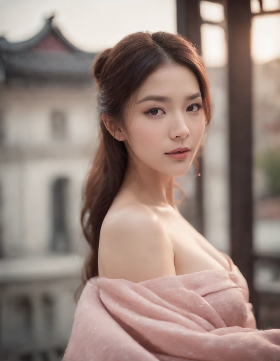 full body, pink nipple, nude, polaroid photo, , 1girl,  dynamic composition, engaging pose, soft yet striking lighting, shallow depth of field, bokeh from city lights, sharp details, highly detailed, hyper-realistic, 50mm lens, naturally blurred background,(hanfu, naked nude, naked, nude, beautiful breast