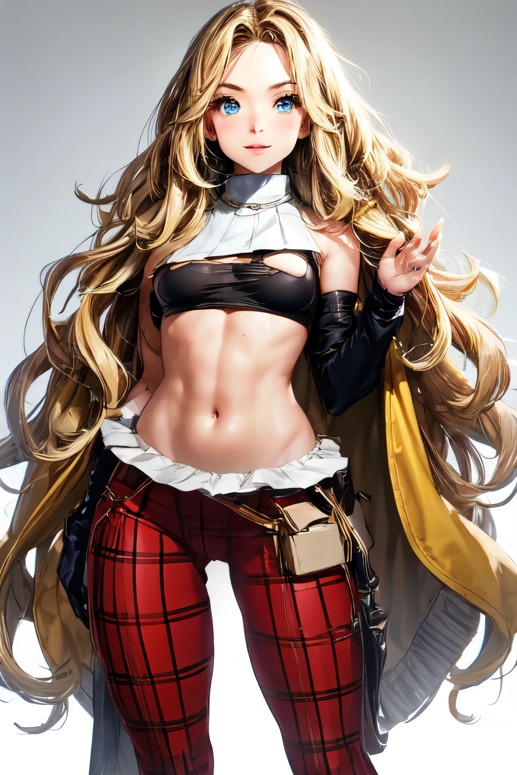 A girl with the following characteristics: blonde, wavy hair; blue eyes; a charming face; and a body with physical characteristics similar to Sydney Sweeney. She should be wearing a sexy tt-fitting clothing with ripped details, black color. The background should be neutral, preferably white, to highlight the main figure. Ensure the highest quality possible, resulting in a stunning piece of art.