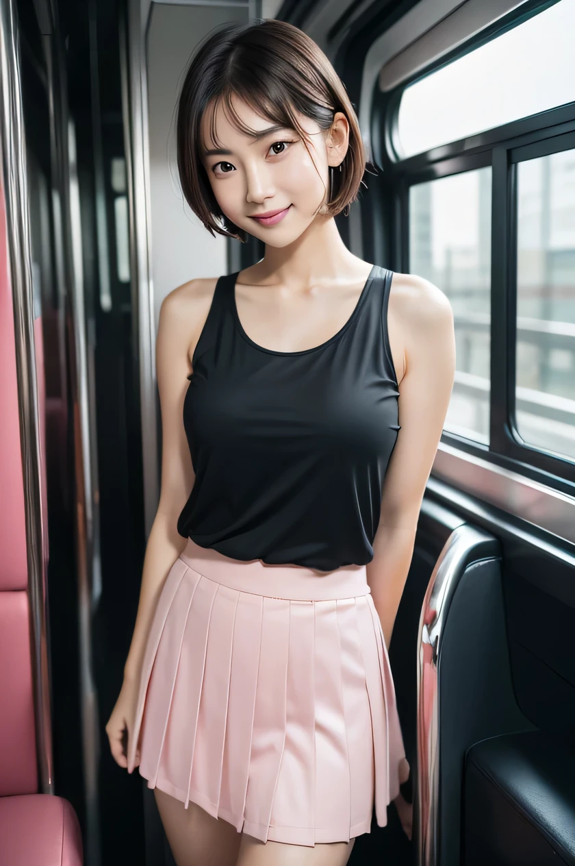 The beauty of 8K raw photos:2.0, Japanese woman, short hair, beautiful face and dark eyes, looking down, looking at the viewer:1.5, big smile, wet hair, tiny top, put hands on the hip, (tank top, pink skirt:1.2), shinny skin, realistic:1.9, very detailed, full body shot:1.2, High resolution RAW color photos, professional photos, Taken at in the bus, girl sexy portrait