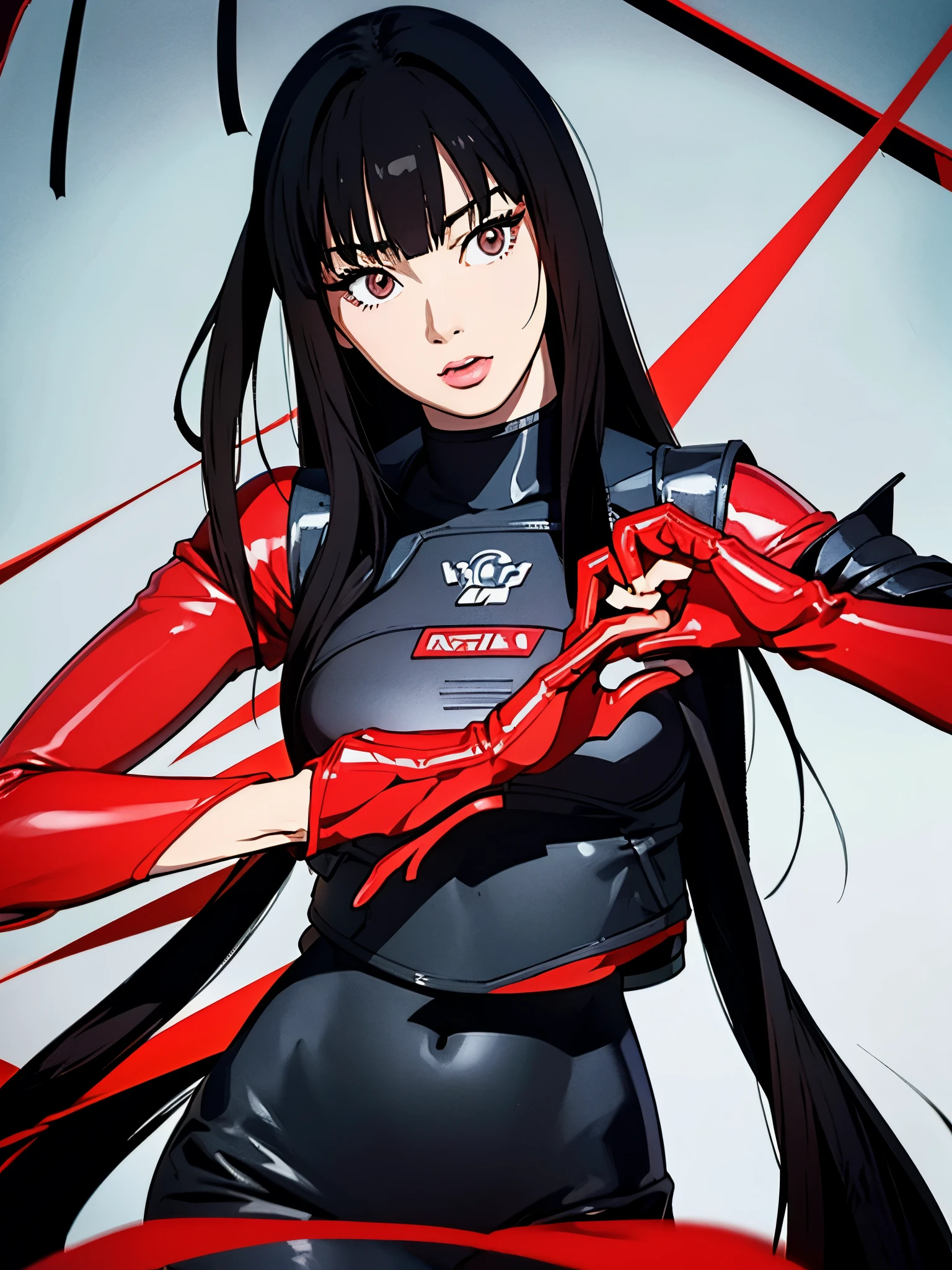 digital art drawing, illustration of (anime girl, long black hair with bangs, brown eyes, flat chest, confident look, black and red latex suit, tactical vest), anime drawing/art, bold linework, illustration, digital art, masterpiece, flat illustration, no shadows, 8k resolution, high detail, vector art, only anime, perfect eyes, perfect hands, perfect fingers, sharpness, high clarity, medium close up, high fidelity
