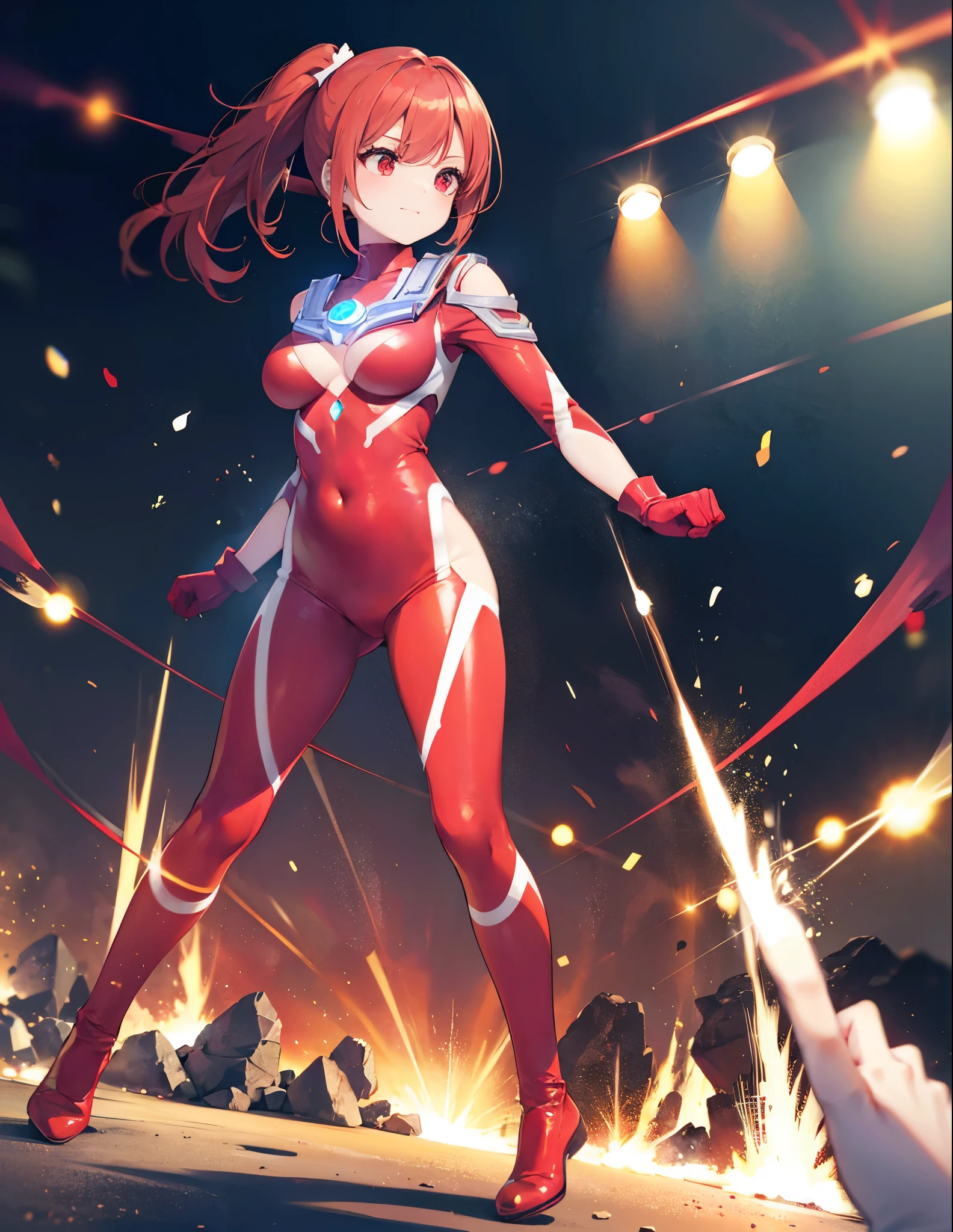 Realistic,highest quality, Ultra Detail, High-quality CG rendering, The most delicate and beautiful, Floating softly, High resolution, (1 girl), (Highest quality,4K,8K,masterpiece:1.2),(All red hair:1.5), (Short ponytail:1.5),(Red eyes:1.5), (Ultra Girl:1.0), (Red Ultraman bodysuit:1.4),(Slightly larger breasts:1.5),(Clenched Fist:1.2),(Turn your back to your audience:1.3),Ass(Red gloves:1.3),(Red Shoes:1.3) ,(whole body:1.3)