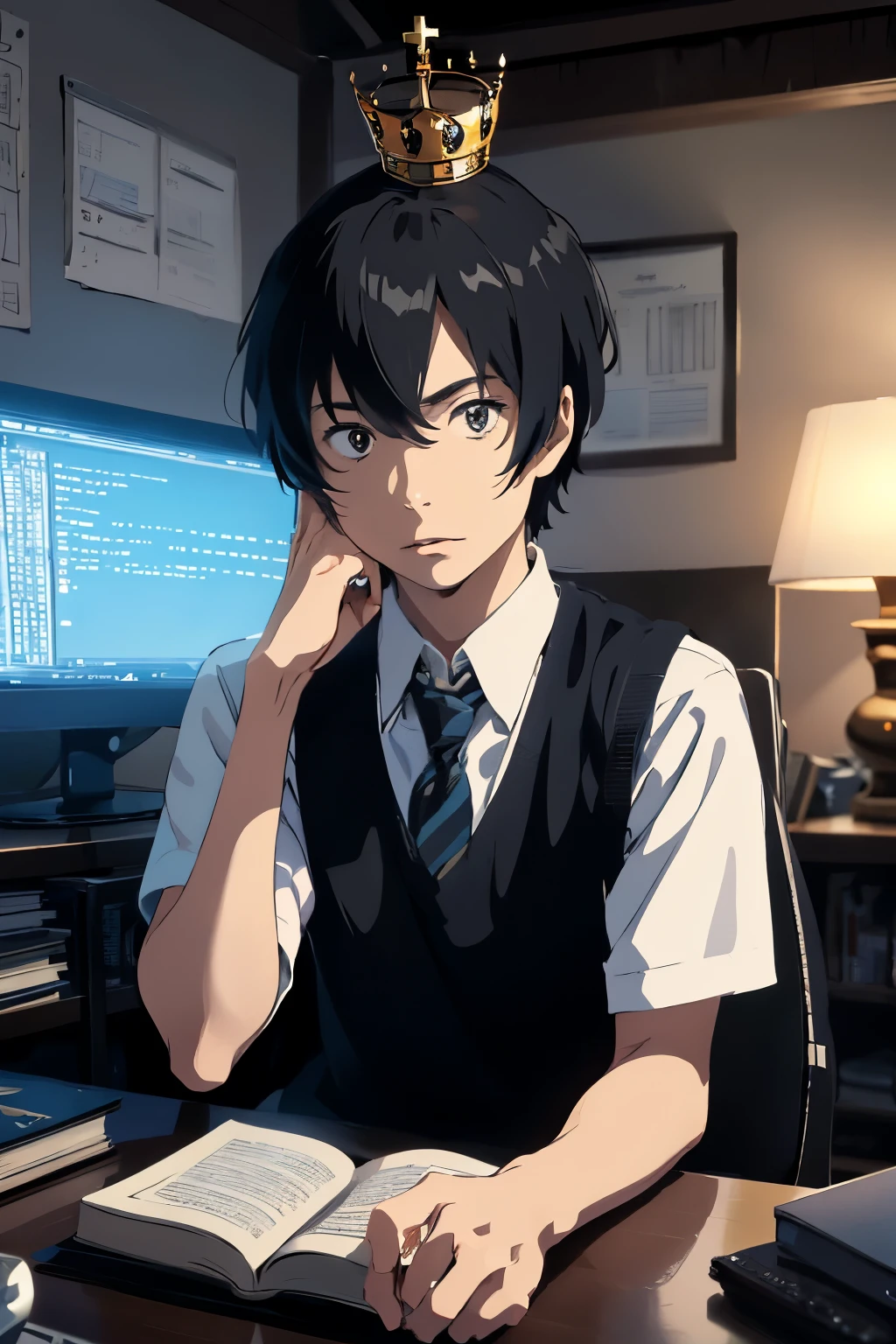 a waifu anime boy with black hair with some white highlights WHITE LIGHTS AS IF IT WERE LIGHTS because he dyed his hair he is studying programming he has a serious face and a little tired his eyes are focused on the books and in the background there is a table with a chess and in front of him is a computer he has a programming book in his hand put him focused(olho) In the book he is a   with a crown on his head and a book in his right hand and a black chess king in the other hand a black chess king and a crown about to fall and he is a  a small  sitting on the chair and a computer with a black king in his hand and a book in the other without the crown and there is a board in front of him he has black hair with white streaks