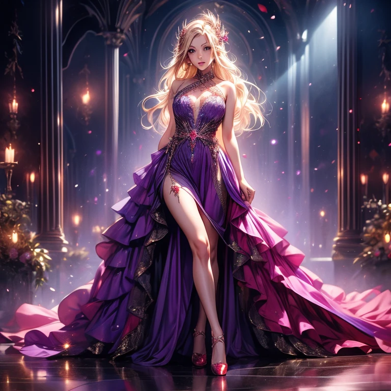 one female adult elf with darkblonde hair wearing a tight dance dress and flat shoes, tavern dance, besautiful dress in purple and red with gemstones and details, full body, sexy tight dress, flat shoes, short dress