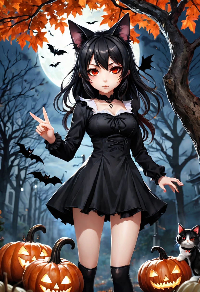 cat girl, chibi, in a black dress, black hair, red eyes, reaches for the sign, who hangs on a scary tree, Rendering, Anime background art, pixiv contest winnerAnime girl with cat ears cute!! chibi!!! cat girl, милый anime cat girl, with index finger, Nekomimi, anime cat girl!, cat girl, furry фураффинность, masterpiece, top quality, Best quality, official art, Beautiful and aesthetically pleasing:1.2), 2D, (Best quality, masterpiece), anime, (very detailed face), (very detailed eyes), scary background, pumpkins, Halloween, bats, Ideal lighting, (very detailed witch costume), (very detailed body), (very efficient hands)