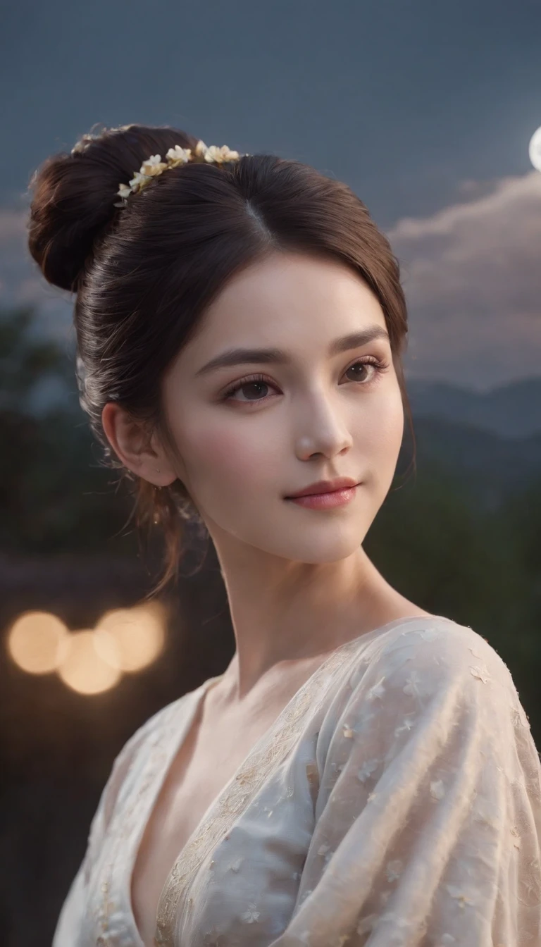 1girll, Moon, hair adornments, full moon, Cloud, sky,Night, naked and nude, Solo, Smile, flower, hug, hair flower, petals, , Blush, parted lip, Black hair, Rabbit, Cloudy sky, forehead mark, Black eyes, face markings, updo, Artist name, Animal hugs, Hanfu, hair-bun, Girl , Holding, Outdoors, Short hair,